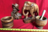 4 WOOD CARVINGS (ELEPHANTS & BOWLS) - SEE PICS FOR DETAILS