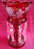 RUBY RED CENTER PIECE WITH CRYSTAL PRISMS