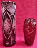 LOT OF (2) RUBY RED CUT TO CLEAR CRYSTAL VASES