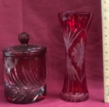 RUBY RED CUT TO CLEAR COVER JAR & VASE