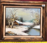 VINTAGE FRAMED SIGNED CANVAS  ARTWORK - SNOW CABIN