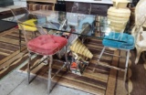 NEW WMC GLASS TOP TABLE MIRROR BASE & 4 LUCITE CHAIRS (SEE PICS FOR CONDITION)