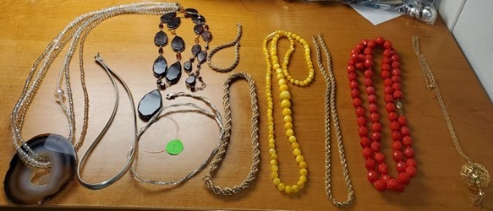 SMALL BLUE BOX W/ 2 STERLING CHAINS AND 7 PCS MISC. COSTUME JEWELRY