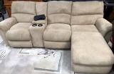 TAN POWER RECLINER SOFA W/ CHAISE & CUPHOLDERS