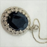 14KT WHITE GOLD 13.12CTS BLUE SAPPHIRE AND 1.40CTS DIAMOND PENDANT WITH CHAIN