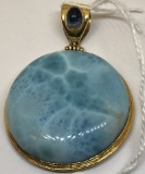 LARGE 18 KT YELLOW GOLD AND LARIMAR PENDANT W/ CABOCHON SAPPHIRE 34.2 GRAMS