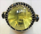 14 KT YELLOW GOLD WITH ROUND CITRINE SURROUNDED BY BLACK DIAMONDS 12.5 GRAMS