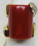 18 KT YELLOW GOLD 20ct CORAL AND DIAMOND RING, 20.9 GRAMS GOLD