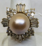 STEINER DESIGN CUSTOM 14 KT GOLD RING W/ 14 MM SOUTH SEA PEARL W/ APPROX. 3 CT DIA.