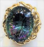 14 KT YELLOW GOLD CUSTOM MADE RING WITH 29.0ct MYSTIC TOPAZ 14.4 GRAMS