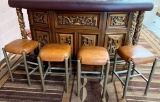 AMAZING MARBLE TOP HEAVILY CARVED BAR & 4 STOOLS - SEE PICS FOR DETAILS
