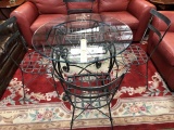 GLASS TOP TABLE & METAL BASE & 4 CHAIRS (CUSHIONS REQUIRED)