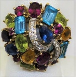 CUSTOM MADE 14 KT YELLOW GOLD & 12.0ct GEMSTONE RING WITH DIA., 9.9 GRAMS OF GOLD