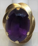 14 KT YELLOW GOLD LADIES CUSTOM RING WITH 25 MM X 18 MM CLEAN AMETHYST, 20.9 GRAMS