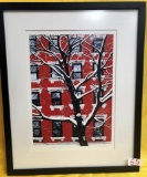 SIGNED FRAMED ARTWORK - SNOW TREE & RED BUILDING