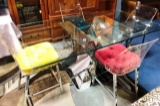 NEW WMC GLASS TOP TABLE & 4 LUCITE COLORFUL CHAIRS  - SEE PICS FOR DETAILS & COND.
