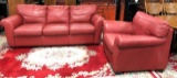 RED LEATHER SOFA & CHAIR