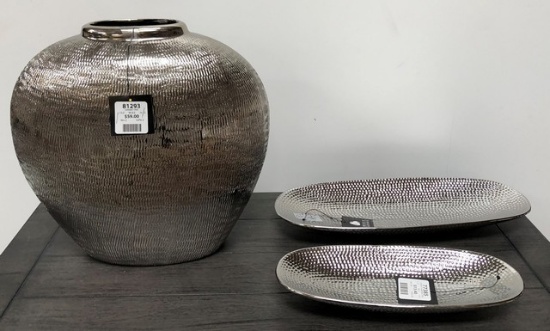 NEW WMC DESIGNER GREY LARGE VASE  & PLATTERS BY THREE HANDS (99.00)