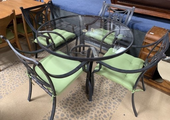 PATIO TABLE & 4 CHAIRS WITH GREEN CUSHIONS