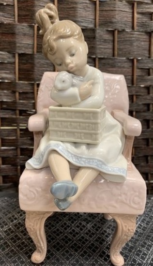 LLADRO GIRL WITH BUNNY ON BIG PINK CHAIR - 8" TALL