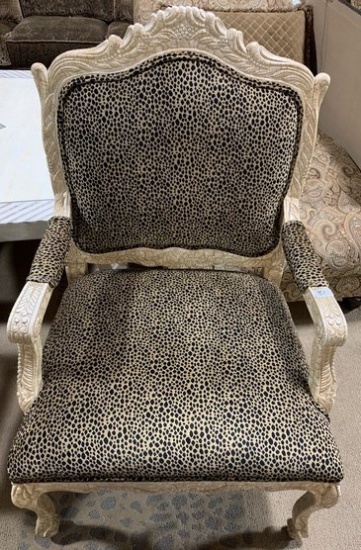 WHITE WASH CARVED FRAMED CHEETAH PRINT ARM CHAIR