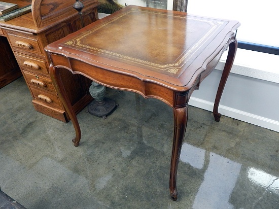 Mid-Century French Game Table W/ Drawer & Leather Top - 30¼"h X 31"w