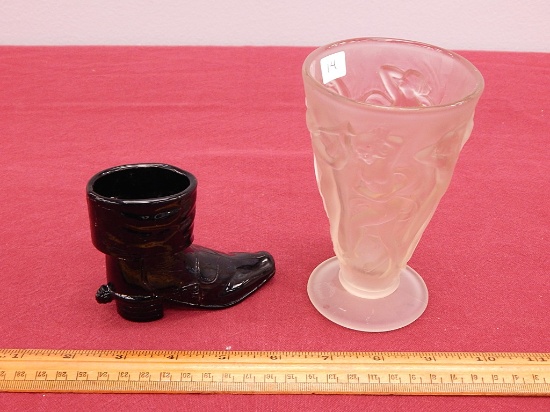 Old Black Glass Boot; Fenton Glass Vase - Nudes