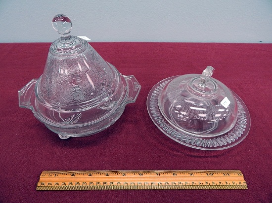 2 Old Patterned Butter Dishes W/ Lids - 1800s, 1 W/ Loss On Rim