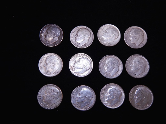 12 Silver Dimes - 1947S, 1950D, 1951D, 1957D, 1959D, 1961D, 6 1964D