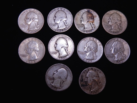 10 Silver Quarters - 2 1934, 1935, 2 1940, 1951, 1956, 1961, 2 1964