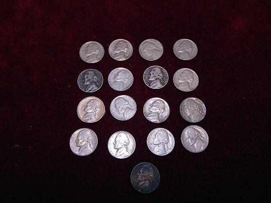 17 Jefferson Nickels - 1939, 1940, 2 1945, 1948, 1955, 1956, 3 1958, 2 1959