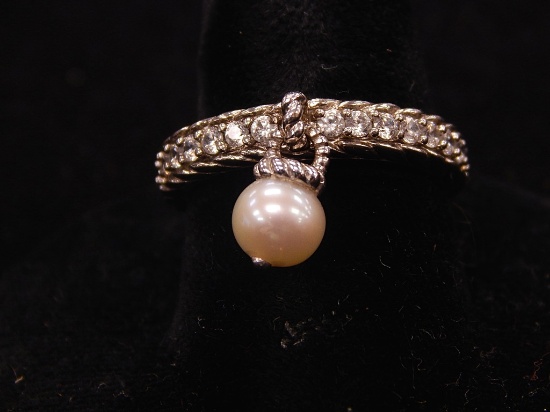 Judith Ripka 925 Cubic Zirconia & Pearl Ring - Size 7 - 5.4g Total Weight