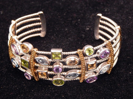 925 Topaz, Peridot, Amethyst & Citrine Cuff Bracelet - 38.2g Total Weight