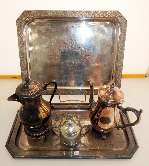 2 Old Silver Trays; 2 Coffee Servers; Sugar Bowl W/ Lid