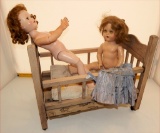 Old Wooden Doll Bed; Old Composition Doll W/ Spooky Eyes; Walker Doll; Vint