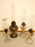 4 Old Oil Lamps W/ Glass Chimneys