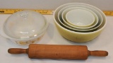 Old Wooden Rolling Pin; 4-piece Pyrex Stacking Mixing Bowls; Vintage Glass
