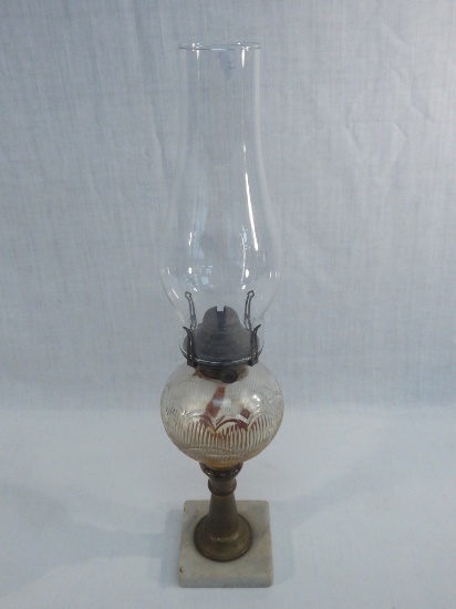 Old Oil Lamp - Marble Base W/ Patterned Glass, 18" ( Minor Wear )