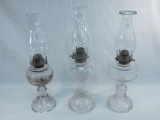 3 Old Oil Lamps - 1 W/ Ship & Flowers, 18½