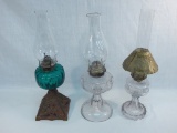 3 Old Oil Lamps - 1 W/ Iron  Base & Green Font, 18