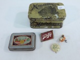 2 Old Tins; Mother's Day Pinback; Listerine Corkscrew; Schlitz Pin