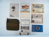 Bank Of Independence Money Bag; 1982 Chessie Calendar; Gold Mine Stock Etc.