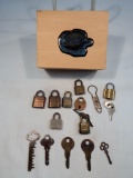 Wooden Box W/ Misc. Small Locks & Keys, Including Eureka; 5 Old Lock Keys