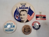 Political Buttons - 3 LBJ, Shirley Chisholm, Edmond Muskie