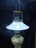 Hanging Oil Lamp W/ Brass Font & Milk Glass Shade