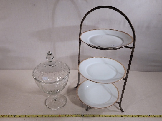 3-tier Stand W/ Plates; Very Nice Etched Candy Dish - 11"