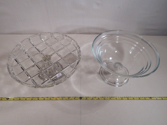 Heavy Crystal Plateau - 5"x12"; Large Glass Footed Fruit Bowl - 7"x10"