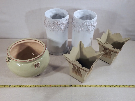 2 Portugal Cherub Vases - 10"; Vietnam Glazed Pot - 6½"; 2 Tole Hand Painte
