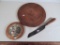 Carved Wooden Bread Board; Butter Dish; Knife