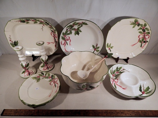 11 Pieces N. S. Gustin USA Christmas Pieces - Punch Bowl, Ladle, Pair Candl